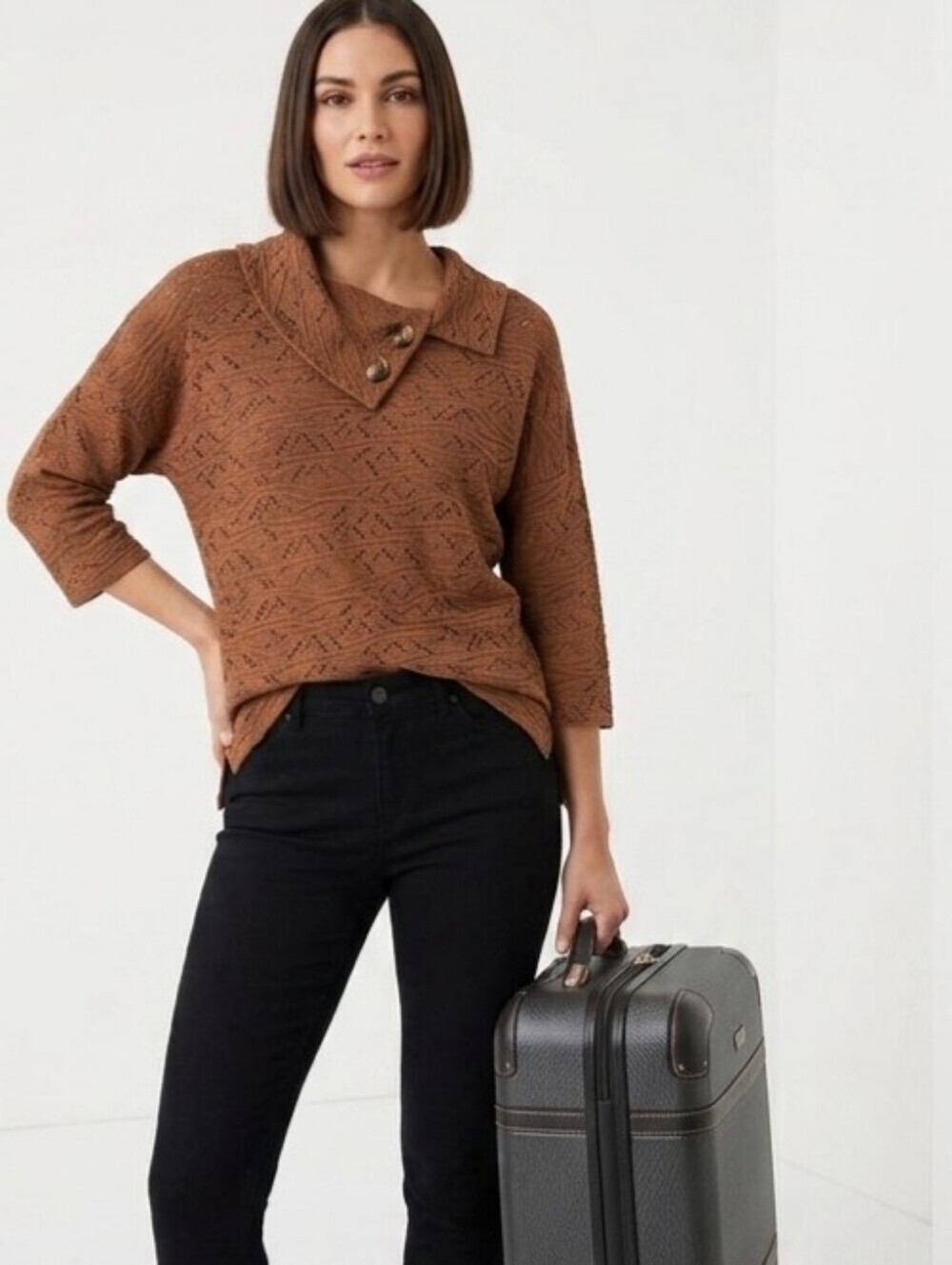 Joseph Ribkoff cocoa knit open weave top